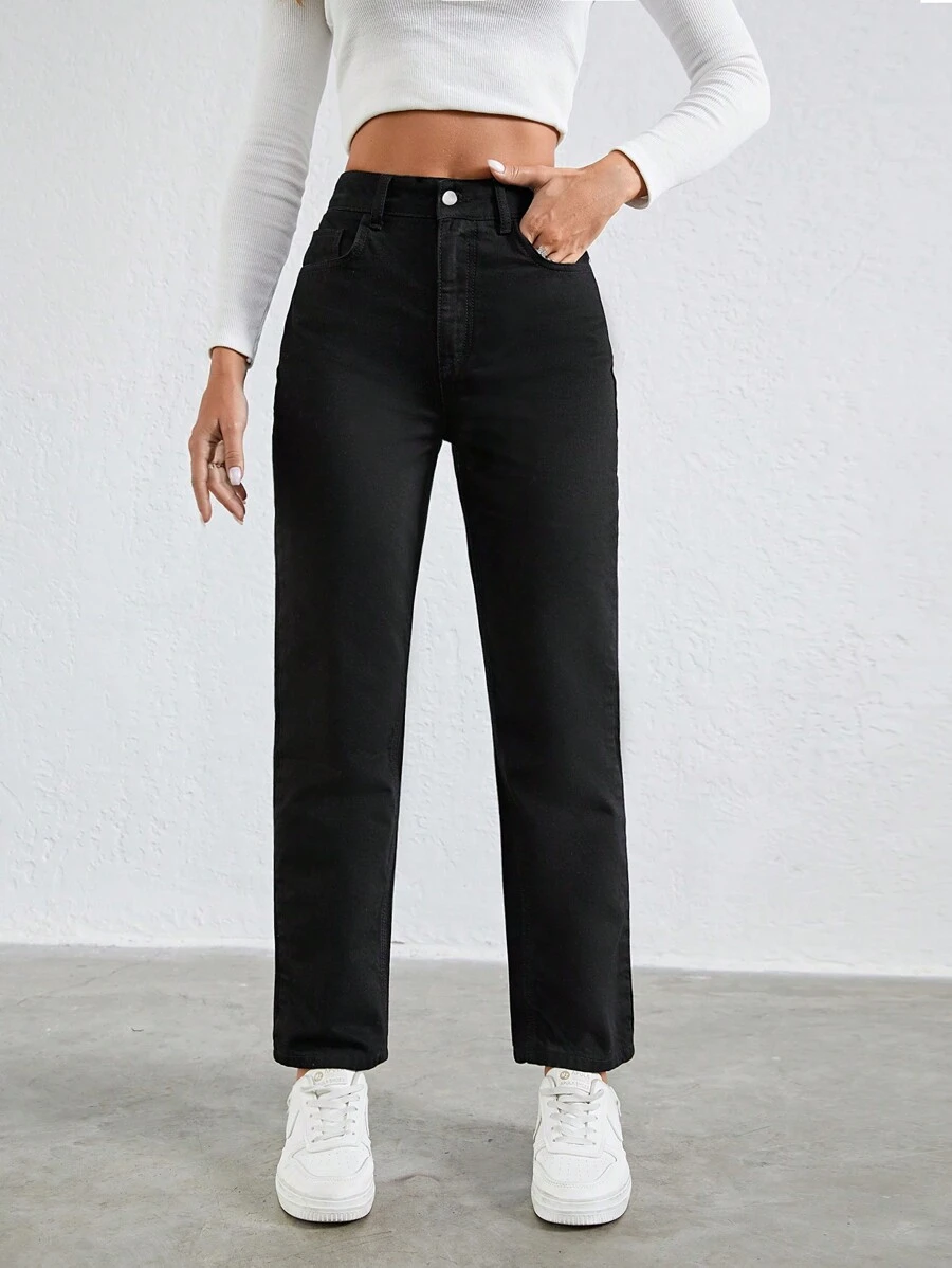 RueChic Solid Straight Leg Jeans - Black - View 1