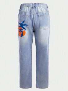 Manfinity VCAY 男士大码卡通和字母圖案直筒牛仔褲 - 灰色 - 查看 2