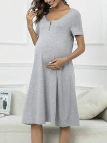 Maternity Button Front Lounge Dress - Light Grey - View 5