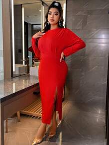 SHEIN Unity Plus Christmas Solid Split Thigh Dress - Red - View 6