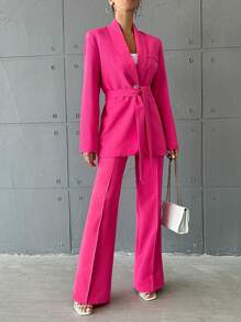 EURMUSE Shawl Collar Belted Blazer & Flare Leg Pants - Hot Pink - View 5