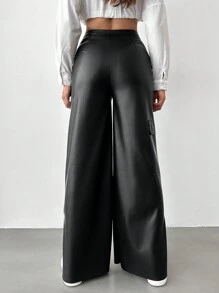 EURMUSE Flap Pocket Zipper Front Split Hem PU Leather Pants - Black - View 5