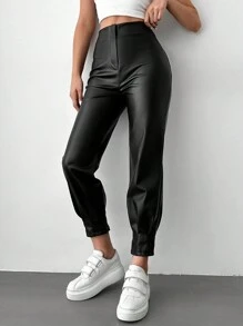 SHEIN Cottnline PU Leather Carrot Pants - Black - View 1