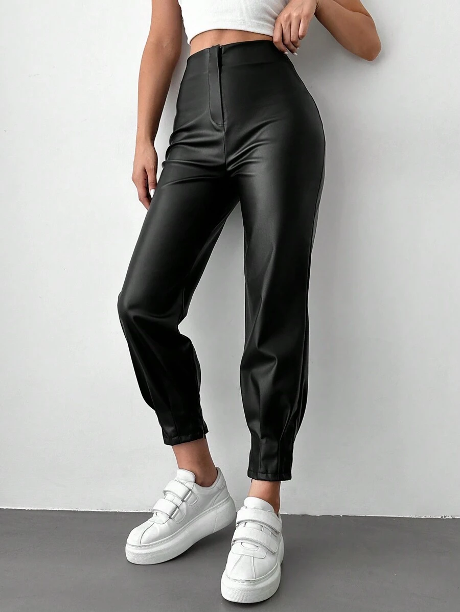 SHEIN Cottnline PU Leather Carrot Pants - Black - View 1