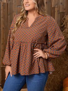 EMERY ROSE Plus Allover Print Notched Neckline Lantern Sleeve Peplum Blouse - Brown - View 3