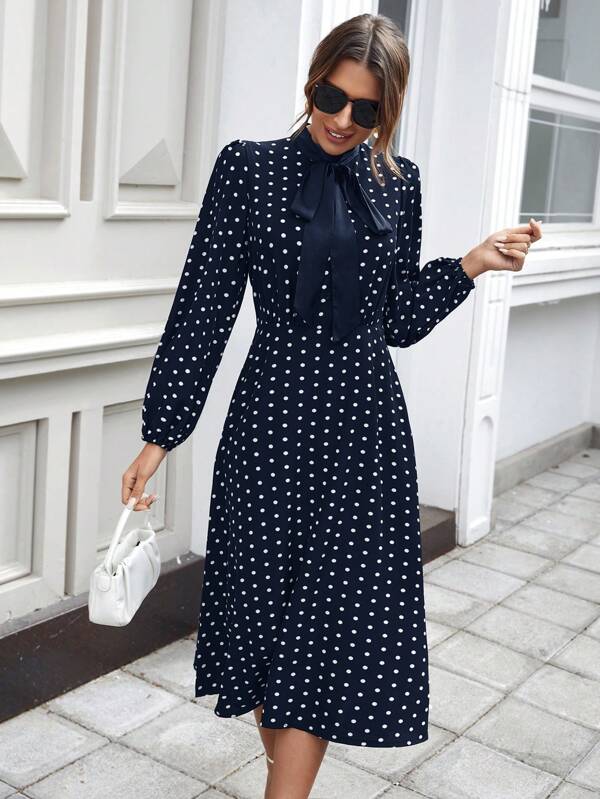 SHEIN Frenchy Polka Dot Tie Neck A-Line Dress