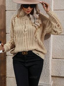 SHEIN LUNE 高领落肩做旧针织套头衫秋冬毛衣 - 駝色 - 查看 4