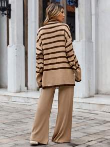 EURMUSE Striped Pattern Drop Shoulder Sweater & Knit Pants - Brown - View 2