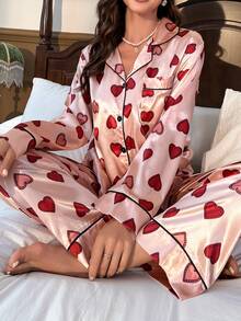 Conjunto de pijama con estampado de corazón ribete en contraste de satén - Rosa Pálido - Ver 4