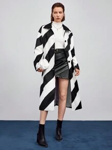 Maija Two Tone Button Front Overcoat - Black and White - View 5