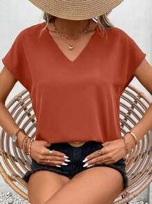 SHEIN Frenchy Women Metal V Neck Metallic Blouse,Short Sleeve Tops