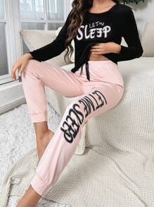 Letter Graphic Tee & Drawstring Waist Sweatpants PJ Set / Pajama Set Sleep Wear Womensleep Wear Set - Multicolor - View 1