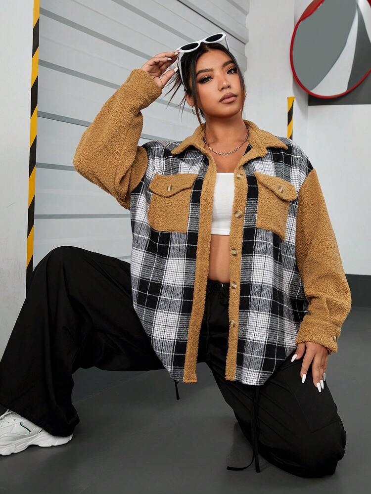 Plus Plaid Print Drop Shoulder Flap Pocket Coat