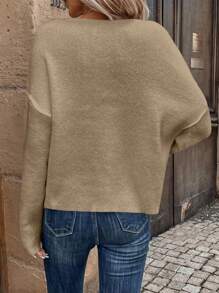 SHEIN LUNE 缺口領落肩袖套頭毛衣 - 卡其色 - 查看 2