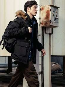 Manfinity Homme Men Solid Fuzzy Trim Hooded Flap Pocket Padded Coat - Black - View 4