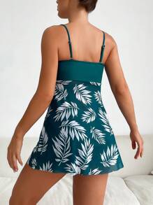 Swim Lushoire Summer Beach Tropical Print Ruched Dress Swimsuit - Teal Blue - View 8