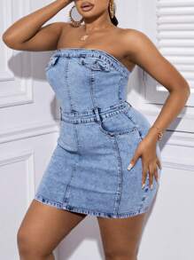 SHEIN Essnce Plus Flap Detail Tube Denim Dress - Light Wash - View 1