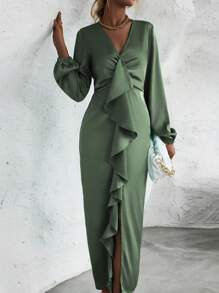 SHEIN Clasi Ruffle Trim Bishop Sleeve Ruched Ruffle Trim Split Thigh Satin Dress - Green - View 1