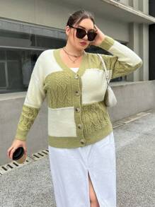 SHEIN Essnce 加兩色絞花針織開衫 - 彩色 - 查看 1