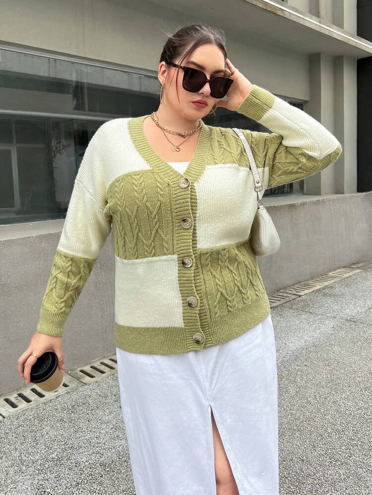 Plus Two Tone Cable Knit Cardigan