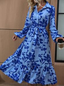 SHEIN Frenchy Floral Print Lantern Sleeve Ruffle Hem Belted Shirt Dress - Blue - View 1