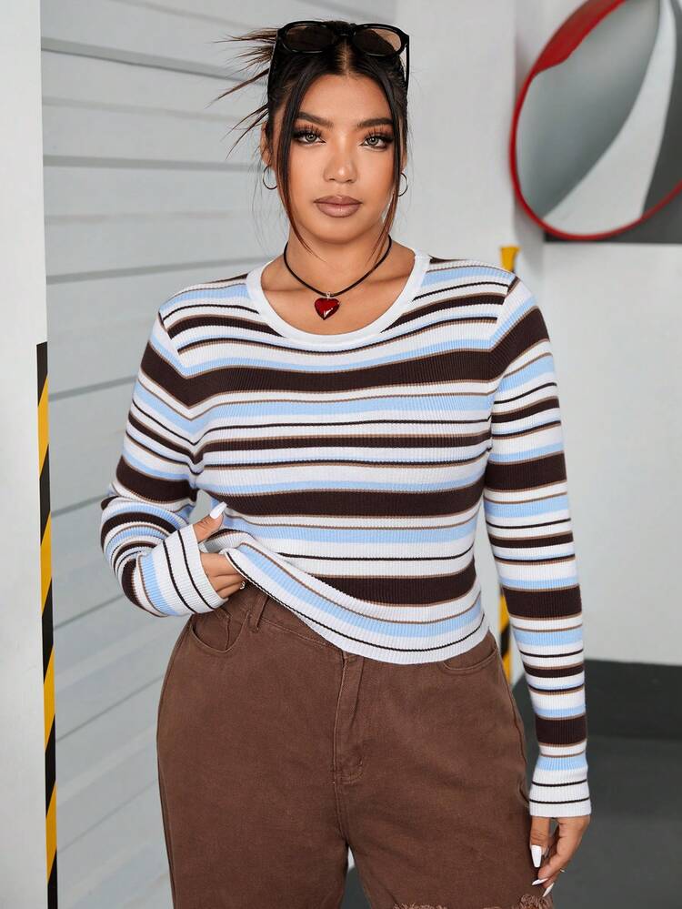 Plus Striped Pattern Sweater