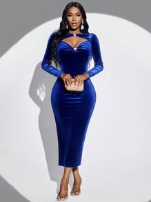 SHEIN Slayr 1入組鏤空高衩絲絨緊身洋裝 - 寶藍色 - 查看 6