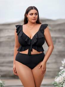 SHEIN Swim Curve Plus Ruffle Trim Knot Front Bikini Set With Beach Skirt - Black - View 5