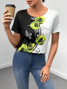 EMERY ROSE 印花雙色T恤 - 黑與白 - 查看 1