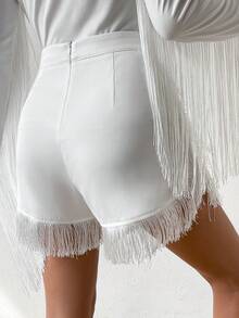Allurite Fringe Trim High Waist Shorts - White - View 2