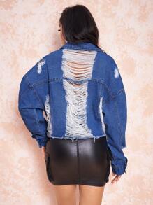 SHEIN BAE 破洞毛邊落肩袖牛仔夾克 - 藍色 - 查看 2