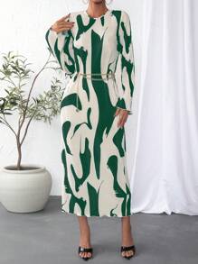 SHEIN Privé 圖案印花洋裝不附腰帶 - 綠色 - 查看 4