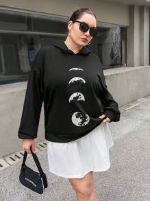 SHEIN Essnce Plus Size Moon Print Drop Shoulder Sweatshirt - Black - View 6