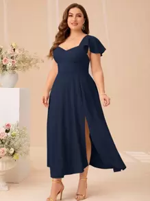 SHEIN Belle 加大甜心领开叉大腿连衣裙优雅舞会半正式婚礼宾客礼服，适合生日、毕业典礼、返校节派对礼服 - 藏蓝色 - 查看 4