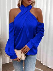 EMERY ROSE Chất rắn Thánh giá Vai lạnh Áo sơ mi - Màu xanh lam - Xem 6