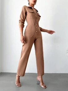 EURMUSE Túi có nắp Nút phía trước Áo sơ mi Denim Áo liền quần - Rỉ Nâu - Xem 4