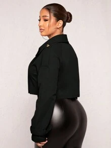 SHEIN SXY Epaulettes Design Buckle Sleeve Crop Trench Coat Spring Women Clothes Valentine Day - Black - View 2