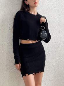 SHEIN Unity Solid Drop Shoulder Distressed Crop Sweater & Knit Skirt Fall Cloth For Women - Black - View 7