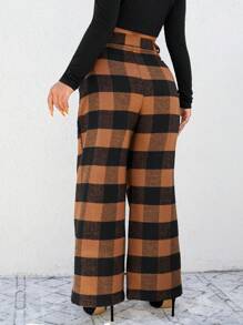 RueChic Plus Buffalo Plaid Wide Leg Pants - Brown - View 2