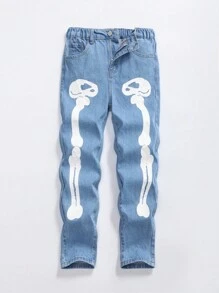 Tween Boy Skeleton Print Jeans - Medium Wash - View 1