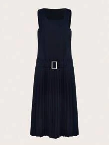 SHEINNeu 素色百褶下擺繫腰帶洋裝 - 藏蓝色 - 查看 1