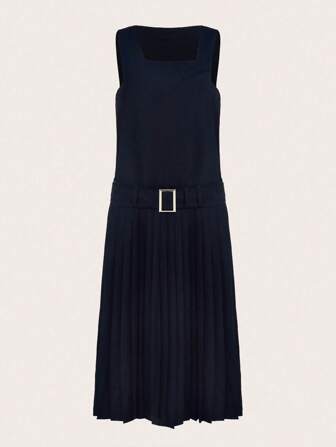 SHEINNeu 素色百褶下擺繫腰帶洋裝