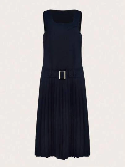 SHEINNeu 素色百褶下擺繫腰帶洋裝