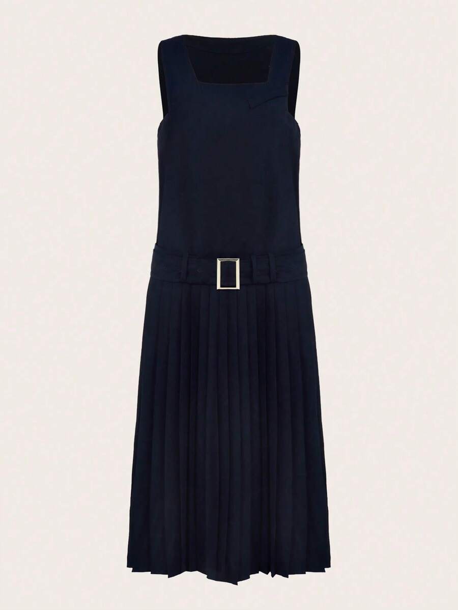 SHEINNeu 素色百褶下擺繫腰帶洋裝 - 藏蓝色 - 查看 1
