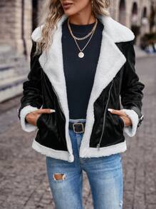 SHEIN Frenchy Teddy Lined Zip Up Moto Jacket - Black and White - View 3