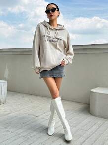 DAZY 标语图案大口袋落肩抽绳连帽衫，秋季女装运动衫 - 杏色 - 查看 3