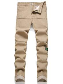Men Letter Patched Flap Pocket Cargo Jeans - Khaki - View 1