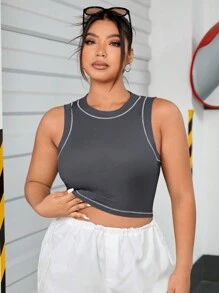 SHEIN EZwear 大碼頂針短款背心 - 深灰色 - 查看 6