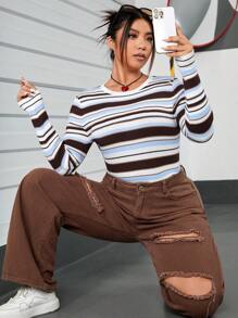 SHEIN EZwear Plus Striped Pattern Sweater