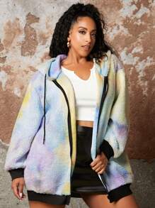SHEIN CURVE+ Plus Tie Dye Drop Shoulder Drawstring Teddy Hoodie - Multicolor - View 1